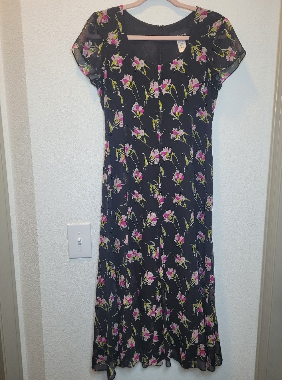 Jones New York 100% Silk Floral Dress Sz 4 Vintage 90s Black Chiffon Maxi Midi